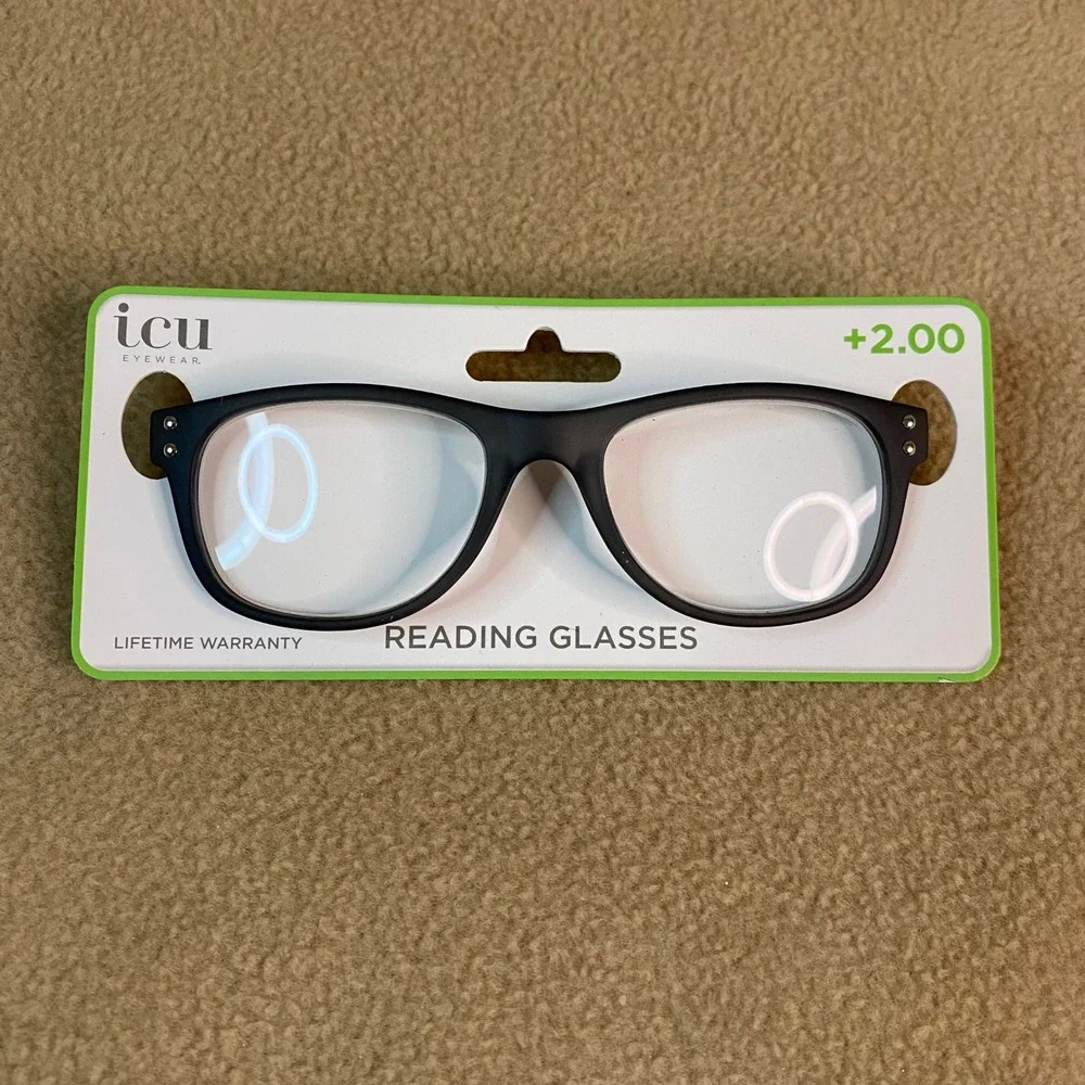 ICU Eyewear Black‎ Reading Glasses +2.00 Strength Magnify Optical Readers NWT